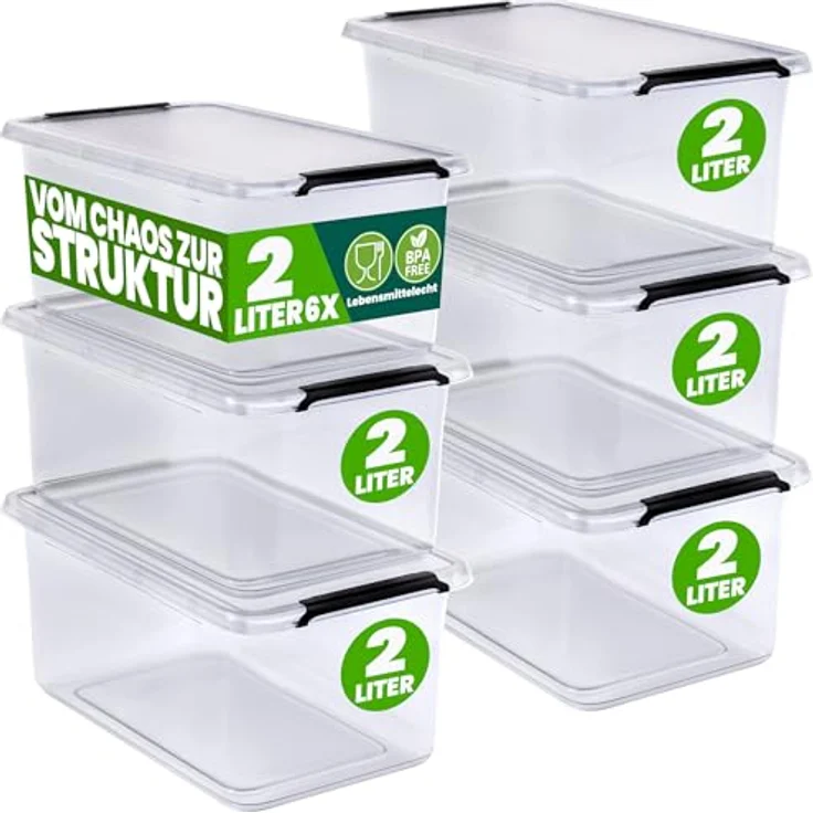 Deuba® Aufbewahrungsbox 2L Kunststoff Kisten stapelbar transparent 6er Set Küche Schlafzimmer – Bild 1