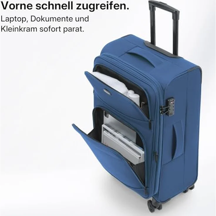 Münicase Stoffkoffer L (69 cm) erweiterbar, 15% Extra-Volumen, TSA-Schloss, 360° Doppelrollen, Dunkelblau mit Frontfächern und verdecktem Namensschild – Bild 2