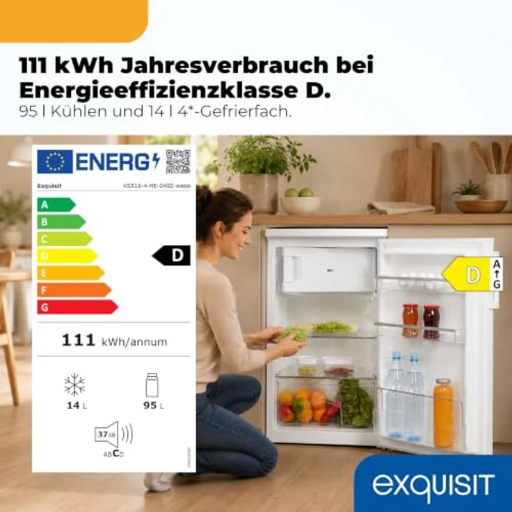 Exquisit KS516-4-HE-040D, Kühlschrank mit 109 l Nutzinhalt, elektronischer Temperaturregelung, niedrigem Geräuschpegel von 37 dB, in Weiß – Bild 2