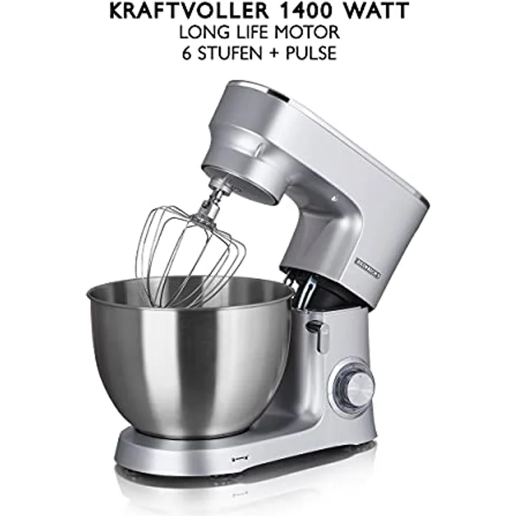 HEINRICHS Küchenmaschine Knetmaschine Teigmaschine Rührmaschine 1500W Küchengerät Rührbesen Knethaken Schneebesen 6 einstellbare Geschwindigkeiten XXL 8L Edelstahlschüssel geräuscharm ((Silber) – Bild 2