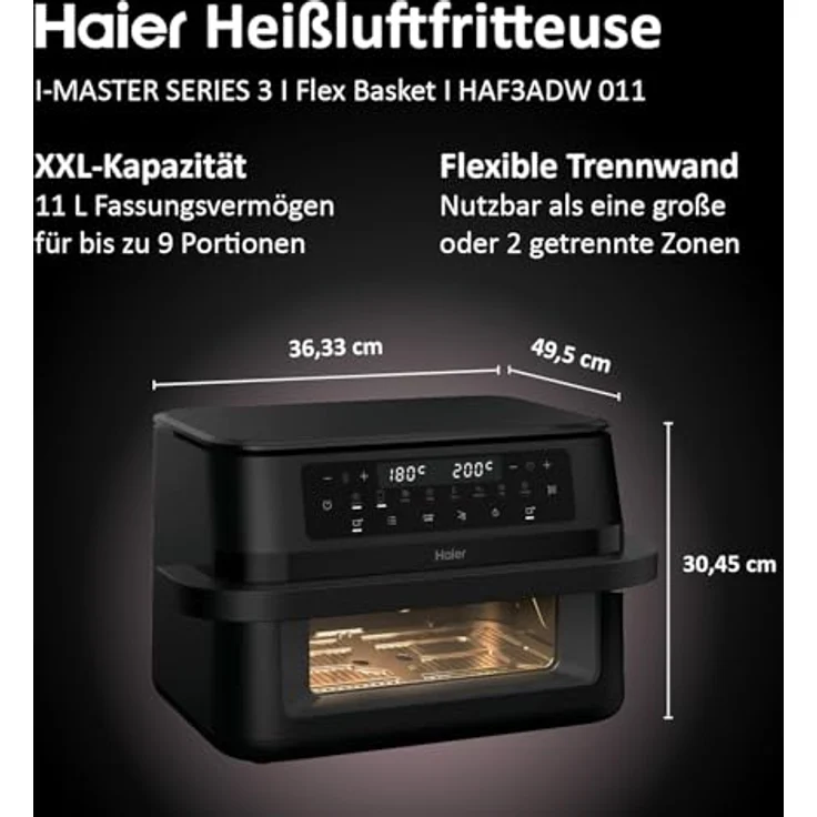 Haier Heißluftfritteuse Flex I 11 L Airfryer Dual, 8-in-1 mit herausnehmbarer Trennwand, Sichtfenster, Antihaftbeschichtung, spülmaschinenfest – Bild 4