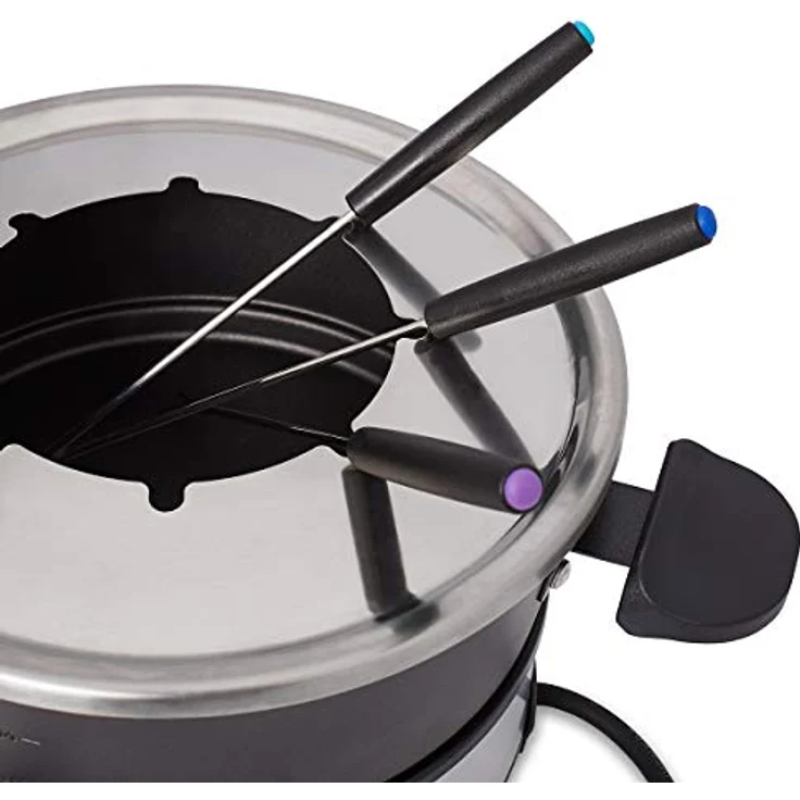 Cloer 6679 Fondue für 8 Personen, beschichteter Aluminiumtopf, inklusive Spritzschutz, 8 farbig markierte Gabeln 1,5 Liter, 1000 W, silber, schwarz – Bild 5