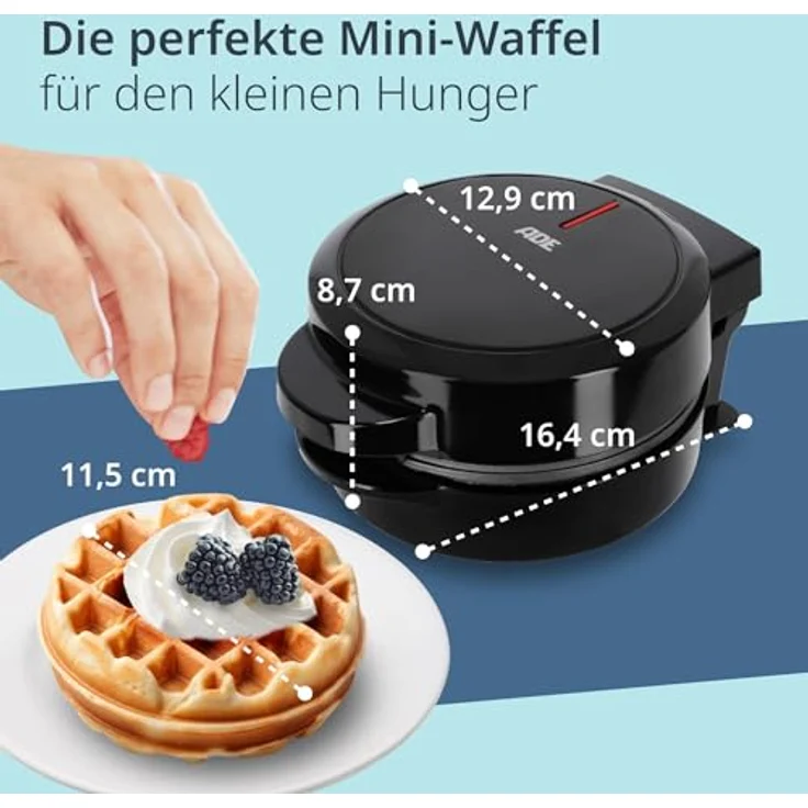 ADE Mini Waffeleisen | belgische Waffel runde Form | perfekt für eine Person, Party, Kindergeburtstag | hochwertige Antihaftbeschichtung | 550 W | schwarz – Bild 2