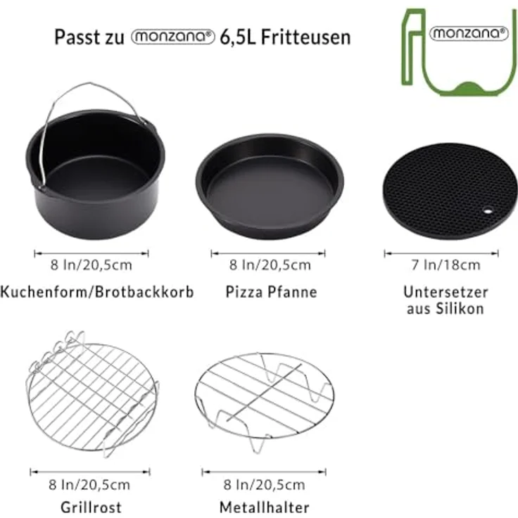 Monzana Heißluftfritteuse 6,5 Liter 1850 W mit Kuchenform Pizzapfanne Grillrost Schwarz – Bild 5