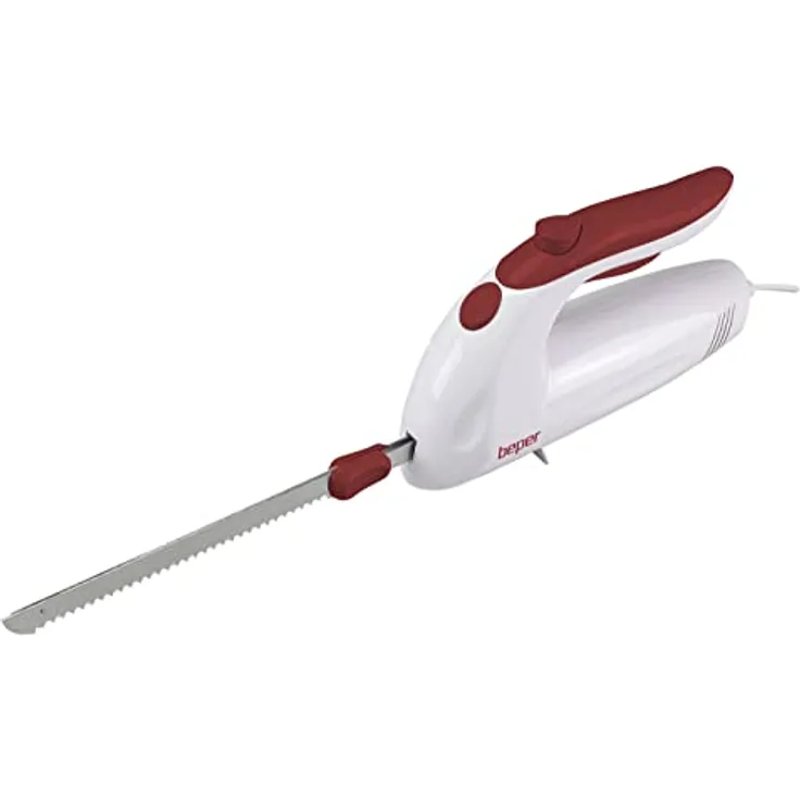 BEPER BP.790 – Elektrisches Küchenmesser für Fleisch, Brot, Tiefkühl, Käse, Obst und Gemüse, Doppelklinge aus Edelstahl, ausziehbare Klingen, Sicherheitsschalter, ABS-Kunststoff, Weiß und Taupe