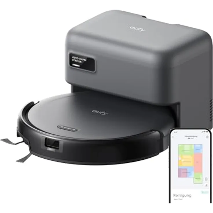 eufy C10 Saugroboter mit Automatischer Absaugstation, 7,3 cm Ultraflaches Design, 4000 Pa Saugkraft, Teppichreinigung, Ausfahrbare Seitenbürste, Punktlaser- & Infrarot-Navigation