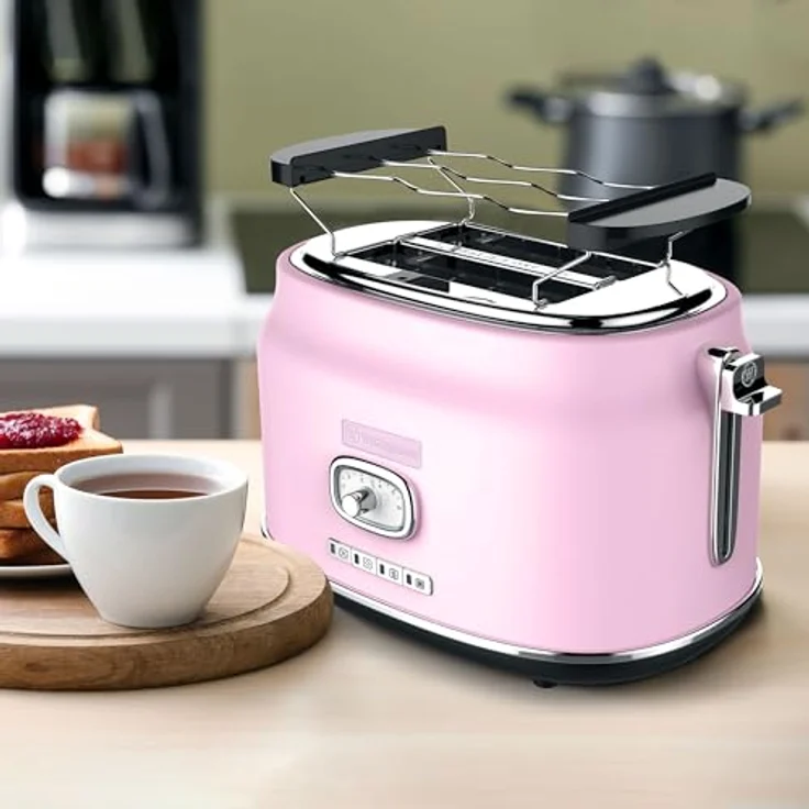 Westinghouse Retro Toaster 2 Scheiben, Abnehmbarer Brötchenaufsatz, 6 Bräunungsstufen, Brotzentrierung, Auftau-, Aufwärm- & Stoppfunktion, Kontrollleuchte, Ausziehbare Krümelschale, pink – Bild 5