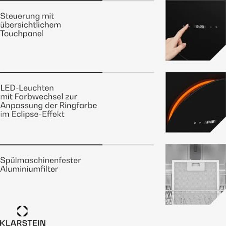 Klarstein Total Eclipse Dunstabzugshaube - 90 cm Kopffreihaube, 600 m³/h, Touch-Steuerung, Energieeffizienz A, LED-Beleuchtung 3000 K-6500 K, Schwarz, Abluft & Umluft – Bild 6