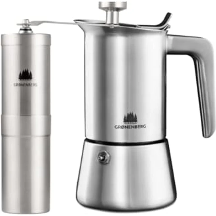 Groenenberg Spar Set 6: Kaffeemühle manuell + Espressokocher Induktion aus hochwertigem Edelstahl – Bild 1