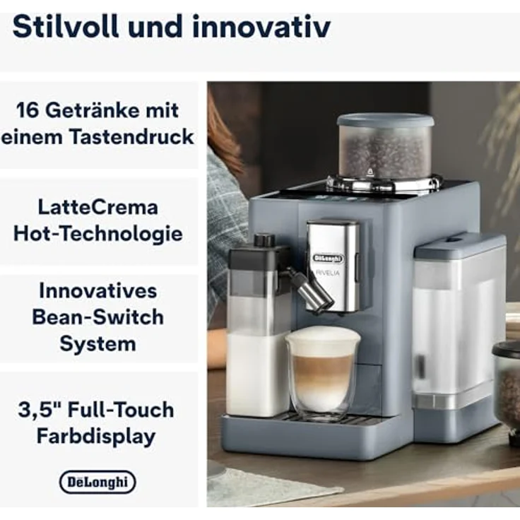 De'Longhi Rivelia EXAM440.55.G Kaffeemaschine mit LatteCrema Hot, automatischer Milchaufschäumer, kompakte Größe, 16 Rezepte, Farb-Touchscreen, Grau – Bild 3