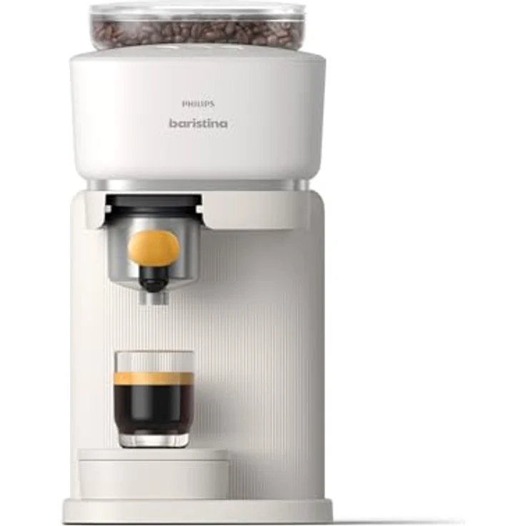 Philips Baristina Espressomaschine - Real Espresso, made simple. Kompakte Kaffeemaschine, Naturweiß mit mangogelbem Siebträger, 16-bar-Pumpendruck, automatisches Mahlwerk, Cafe Crema (BAR300/03) – Bild 1