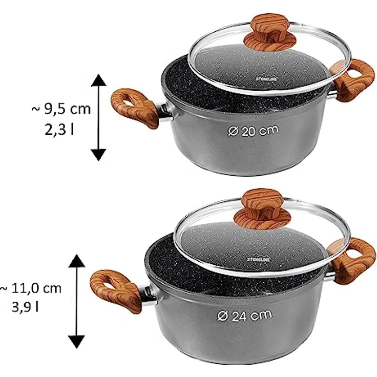STONELINE Back to Nature Kochtopf 20 cm, mit Glasdeckel, Made in Germany, fettfreies Braten, echte Steinpartikel, Induktion, Grau – Bild 3