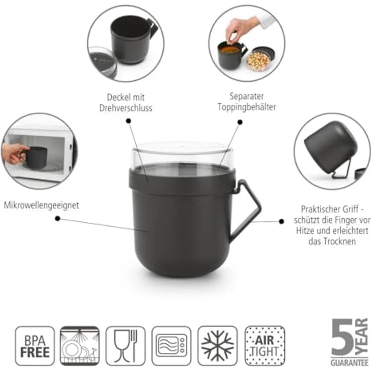 Brabantia Make & Take Lunch-Set, 2er Set: Auslaufsicherer Suppenbecher 0,6L + Lunch Box Medium für Sandwiches, gefriergeeignet, spülmaschinen- & mikrowellenfest, Dark Grey – Bild 2