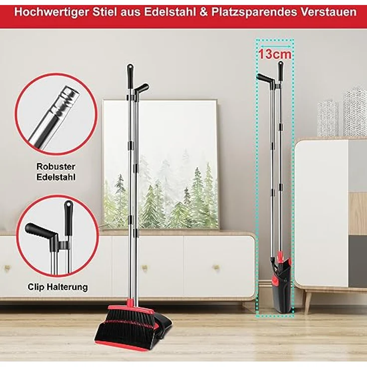 VOSSBACH Kehrgarnitur, Besen und Kehrschaufel Set, Edelstahl verlängerbar mit Wandhalterung, höhenverstellbarer Stiel, dichte Borsten, inklusive Schmutzcontainer mit Kammzähnen – Bild 6