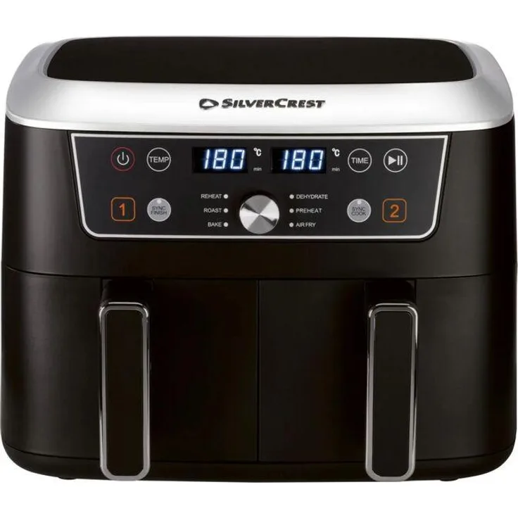 Silvercrest SHLFD 2600 B2, Doppelzonen-Heißluftfritteuse mit 2 unabhängigen Garzonen, 6 Programmen und 8,7 l Gesamtvolumen