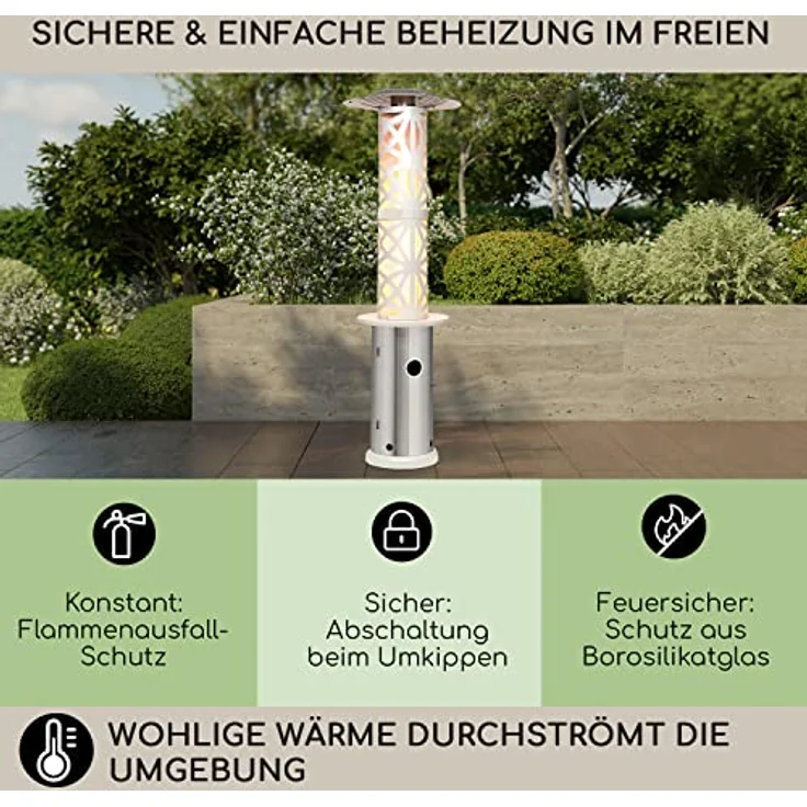 Blumfeldt Terrassenheizer, Outdoor-Gasheizstrahler, Heizpilz Gas für Terrasse, Garten & Balkon, Terrassen-Heizer mit Elektrischer Zündung, 360°Flammen-Blick, Gas-Heizstrahler mit Bodenrollen – Bild 4