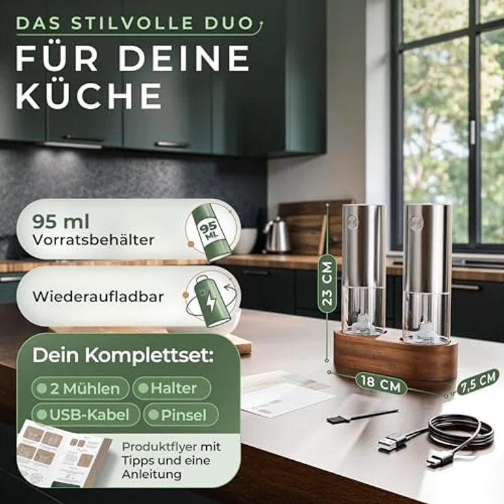 Waldwerk Elektrische Salz-/Pfeffermühle 2er Set mit Akazienholzhalterung, 300 mAh Akku, präzises Keramikmahlwerk, kabellos – Bild 4