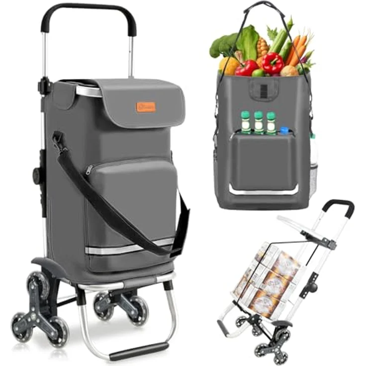 Sekey XXL Einkaufstrolley Treppensteiger mit 3 Rädern, Aluminium 3-in-1 Trolley, höhenverstellbarer Griff, inklusive Kühlfach und Getränkefach, grau – Bild 1