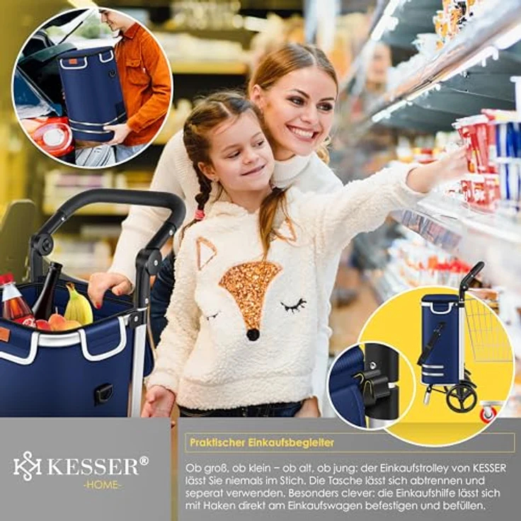 KESSER® Einkaufstrolley klappbar mit 56L Kapazität und belastbar bis 50kg | 3in1 Trolley Sackkarre & Umhängetasche | Faltbarer Einkaufswagen inkl. Kühlfach & Einkaufschip | Treppensteiger Navyblau – Bild 4