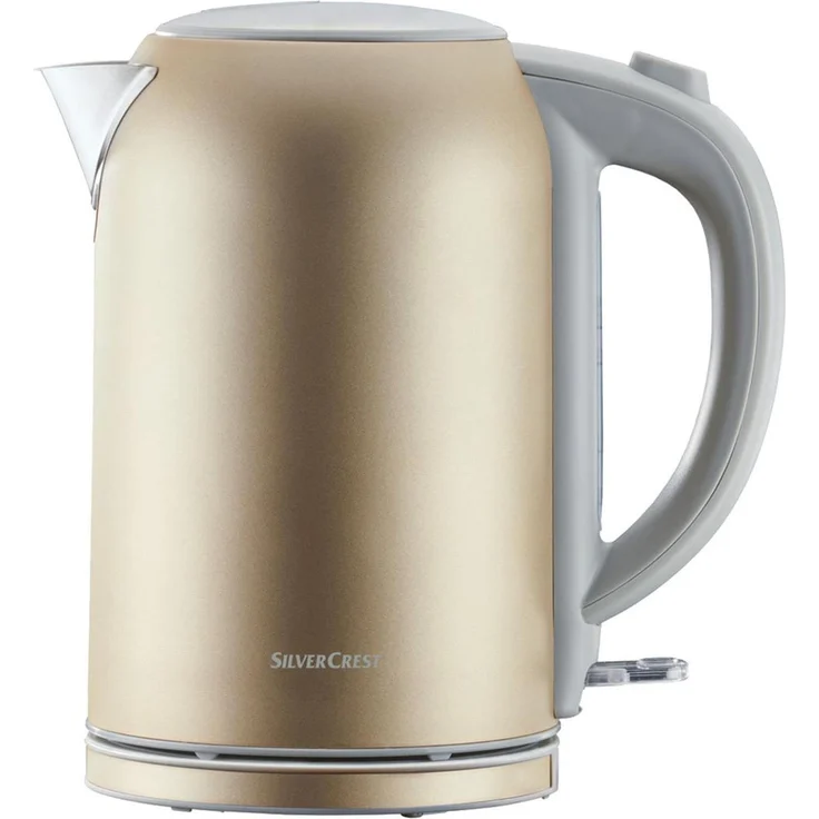 SilverCrest Wasserkocher Teekocher SWKS 3100 I2, 3100 Watt, 1,7 Liter, Edelstahl Champagner, mit Deckelöffnungstaste und Trockengehschutz