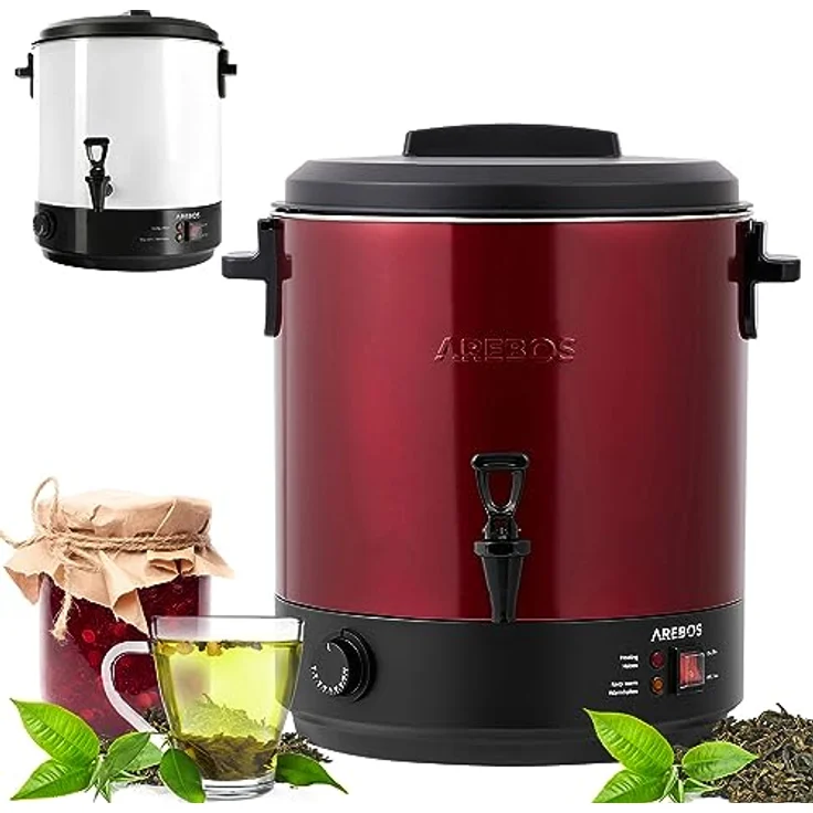 Arebos Einkochautomat 2500 W | Einkochtopf 28 L | mit Thermostat & Überhitzungsschutz | stufenlose Temperatureinstellung 30-110°C | Glühweinkocher | inkl. Einmachglasheber & Einmachtrichter | Rot – Bild 1
