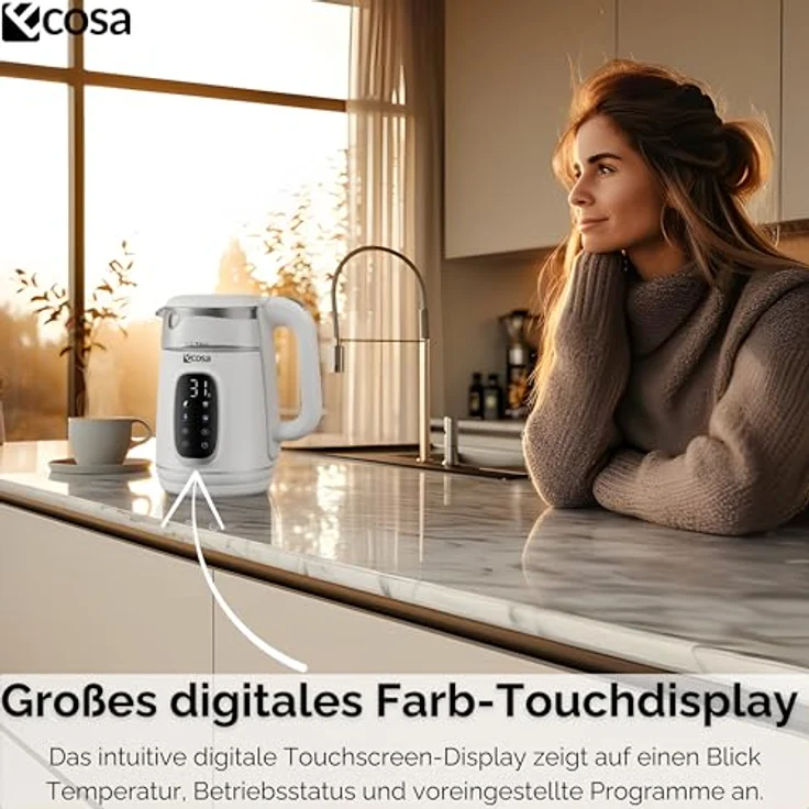Ecosa® Wasserkocher, Teekocher mit Temperatureinstellung 40°C-100°C, 1,7 Liter, 2200 Watt, Glas Edelstahl, BPA-frei, Warmhaltefunktion, LED-Beleuchtung (Woldo White) – Bild 3