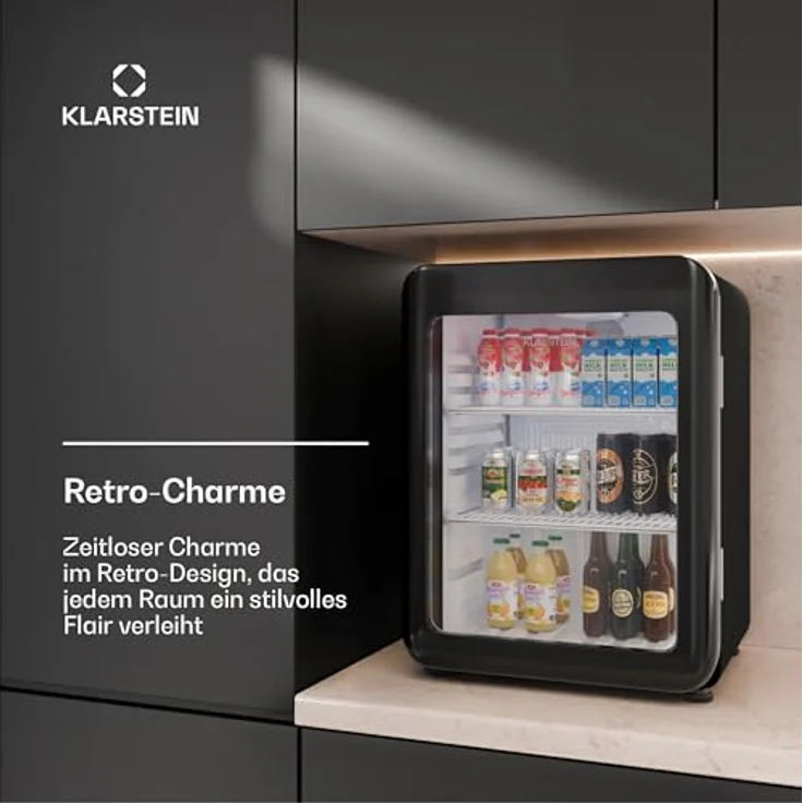 Klarstein Audrey Evo Getränkekühlschrank, 68 Liter, energieeffizient, Glastür, retro Schwarz, 67 cm hoch – Bild 4