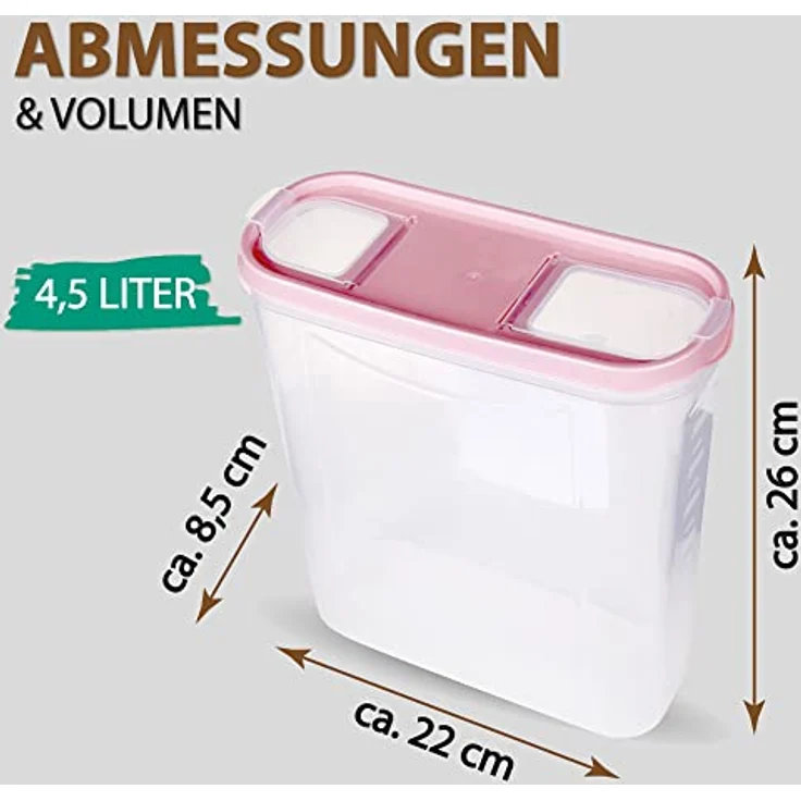 Bestlivings Vorratsdose Müslispender, 2-tlg. Set, 4,5 Liter, luftdicht, transparent, Kunststoff, 8,5cm x 22cm x 26cm – Bild 2