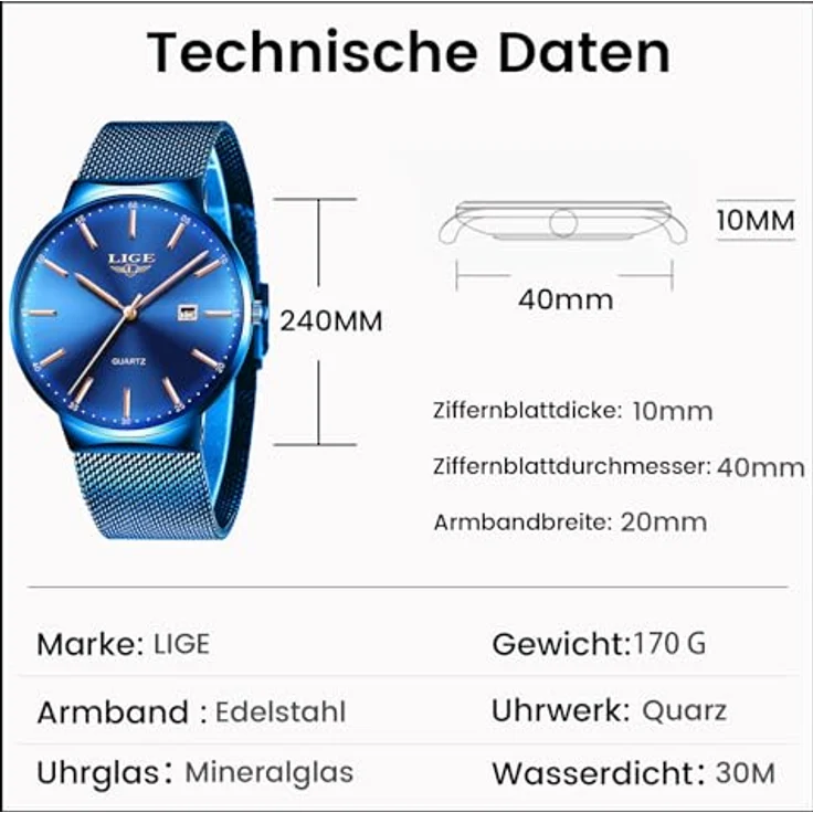 LIGE Herren Uhr Blau, Analoge Quarz-Armbanduhr mit Roségold-Zeigern, Kalender und Edelstahl-Gitterband, 3ATM wasserdicht, Luxus für Business und Freizeit – Bild 4