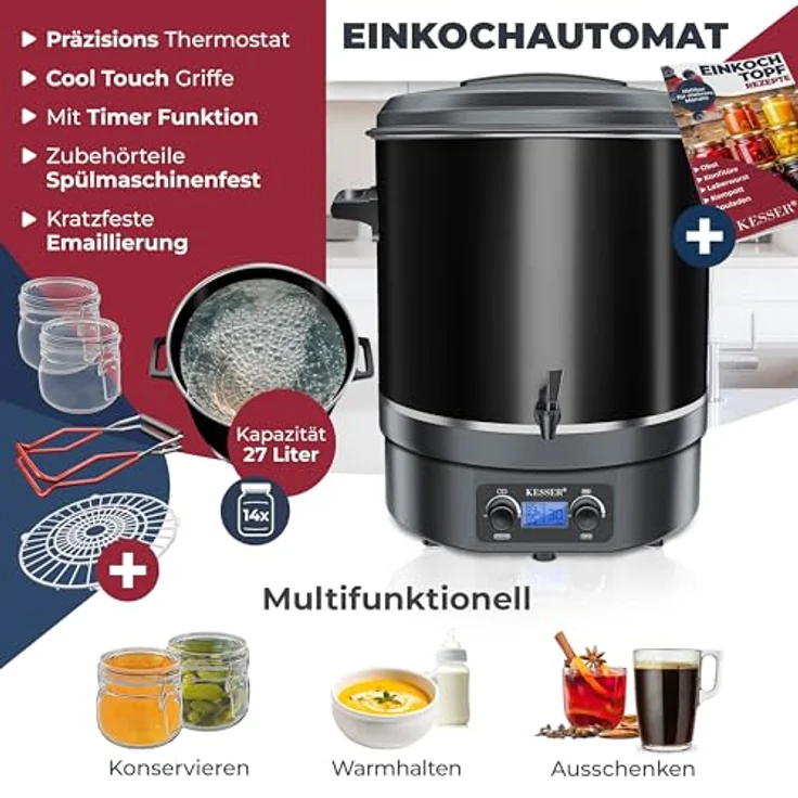 KESSER Einkochautomat 27 Liter, Glühweinkocher mit Timer, 2000 Watt, Temperatur von 30-100°C, Digitaldisplay, inklusive 2 Gläser & Zange – Bild 2