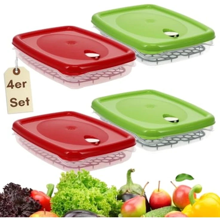 GarPet 4er Set Frischhaltedosen mit Abtropfgitter und Dampfventil, luftdicht, 2,5 L, transparent mit rot/grünem Deckel – Bild 1