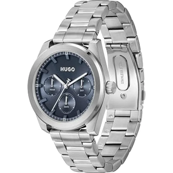 HUGO Multi Zifferblatt Quarz Uhr Herren #Bright Sport, 42mm Edelstahl, blaues Zifferblatt, silbernes Edelstahlarmband, 5 ATM wasserresistent – Bild 2