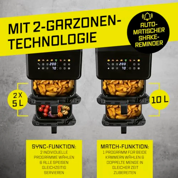 GOURMETmaxx FryUp vertikale Doppelkammer Heißluftfritteuse, 10 L mit 9,8 Zoll Multi-Colour LED-Touchdisplay, 11 Programmen und Oberhitze – Bild 3