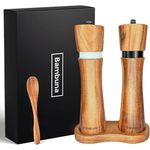 Bambuna® edles Pfeffermühlen Set aus Holz | Salz und Pfeffermühle + Untersetzer und Löffel aus Akazienholz | Große Gewürzmühlen mit Keramikmahlwerk (22cm) | hochwertige Geschenk- Box + Rezeptbuch