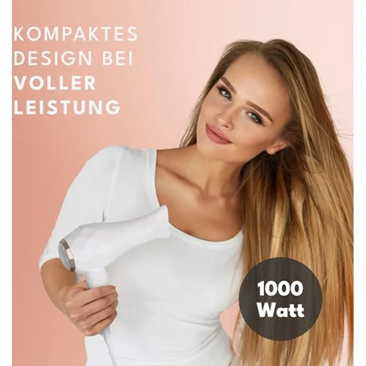 LEBENLANG Reisefön klappbar klein - Duale Spannung & Inkl. Reisetasche mit Stylingdüse - Weiß Gold - Eco Power 1000W - Leicht & Kompakt - 2 Leistungsstufen - Haartrockner für Reisen und Zuhause – Bild 2