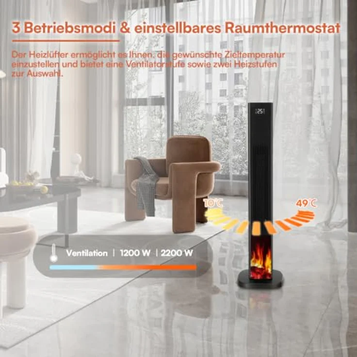 Be Cool BCLeon26 PTC-Säulen-Heizlüfter mit Kamineffekt, 2200 Watt, Schwarz, Oszillation und Fernbedienung – Bild 3