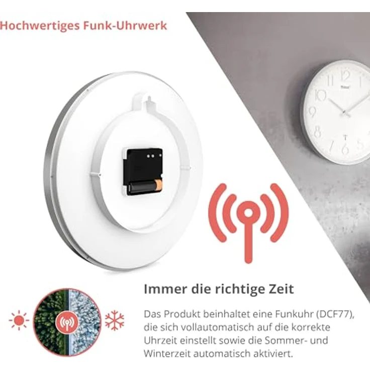 Mebus Wanduhr Funk Wanduhr (Schleichendes Uhrwerk, lautlos, Silbernes Gehäuse) – Bild 6