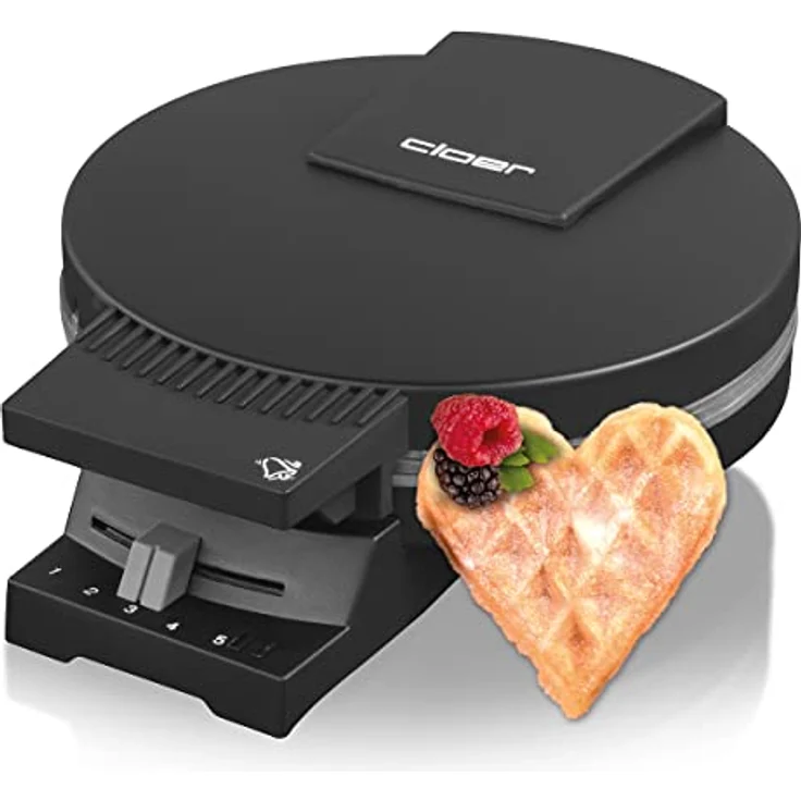 Cloer 180 Waffeleisen für eine Herzwaffel, 930 W, Waffelgröße 16 cm, schwere Backplatten, optische und akustische Fertigmeldung, Metall, schwarz – Bild 1