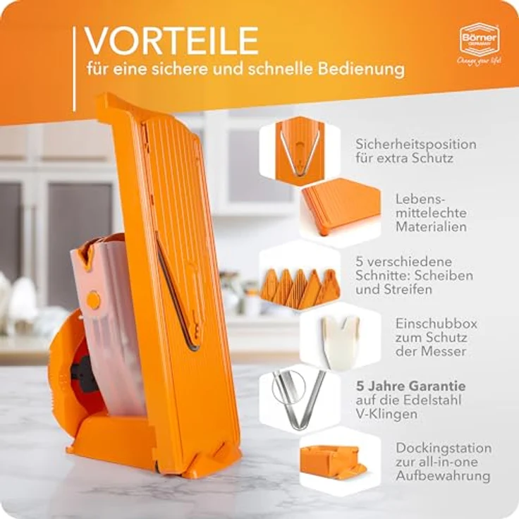 Börner Gemüsehobel V3 TrendLine Profi Set, Kunststoff, mit 2 Messereinschüben und Dockingstation orange – Bild 5