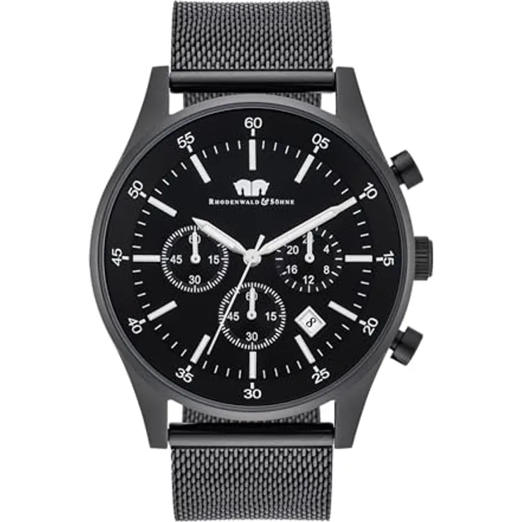 Rhodenwald & Söhne Goodwill Herrenuhr Chronograph Edelstahl schwarz 5 ATM Präzisions-Quarzwerk Milanaise-Armband schwarz