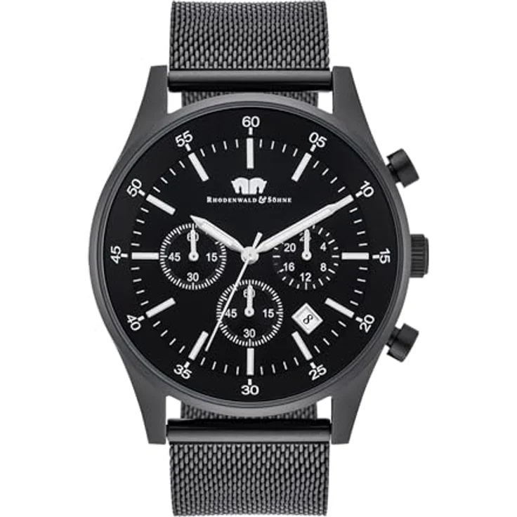 Rhodenwald & Söhne Goodwill Herrenuhr Chronograph Edelstahl schwarz 5 ATM Präzisions-Quarzwerk Milanaise-Armband schwarz – Bild 1