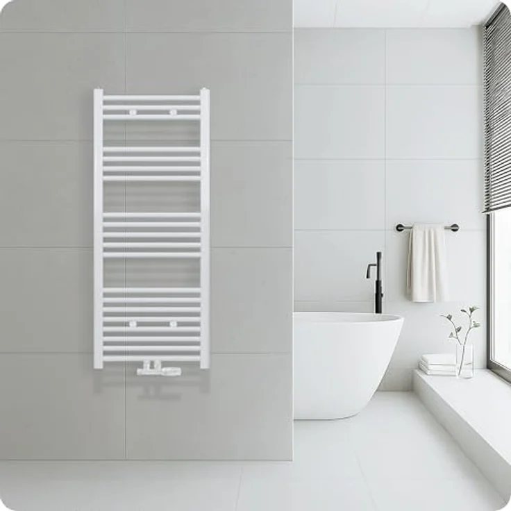 Belrad® Badheizkörper, Moderner handtuchheizkörper aus Qualitätsstahl, weiß pulverbeschichtet, wandmontagefähig & wasserbetrieben, flexible Anschlüsse, langlebig und robust – Bild 1