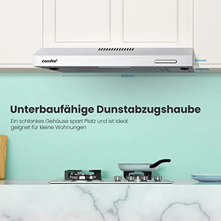 COMFEE' CHU 3.6F17BS 60cm Unterbauhauben Dunstabzugshaube Unterbau mit Edelstahl, abnehmbarem Aluminiumfilter, 200m³/h Luftstrom, 2 Stufen, 1 LED-Licht, Inox, Edelstahl Silber – Bild 2