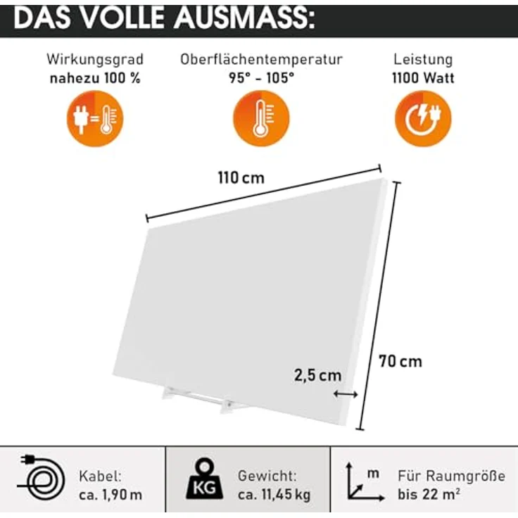 BRAST® Infrarotheizung 1100 Watt | Made in Europe | hoher Wirkungsgrad | Ultraflache Bauweise | IP 1100, Standsystem + Griff – Bild 2