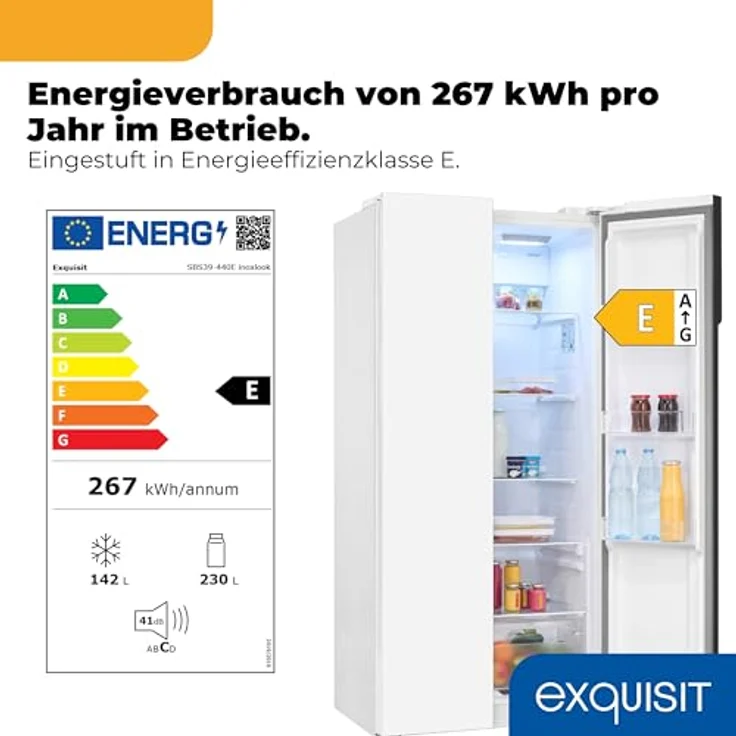Exquisit SBS39-440E Side-by-Side Kühlschrank, 372 l Nutzinhalt (230/142 l), No Frost, E, 267 kWh/Jahr, 41 dB, weiß – Bild 2