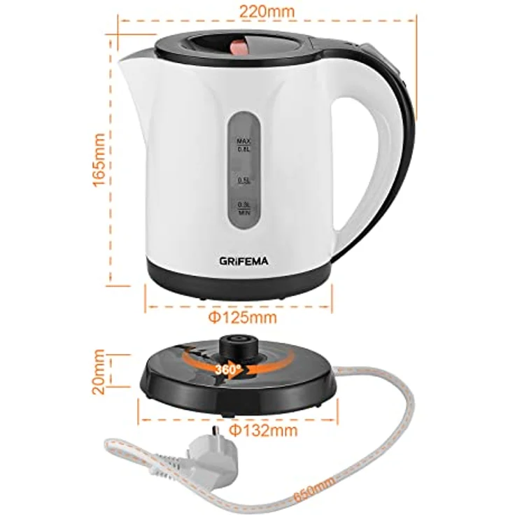 GRIFEMA Wasserkocher Klein, 0.8L, 1100W - Teekocher Elektrisch mit Kalkfilter, Kettle Leise, Schnell, Wasserkocher BPA-Frei, Reisewasserkocher Automatische Abschaltung,Überhitzungsschutz,Weiß – Bild 2