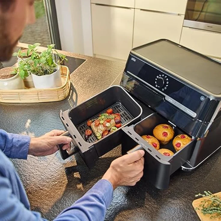 Braun TwinCook 5 – 2-in-1 Heißluftfritteuse 10L, Dual-Zone Airfryer mit Sync & Match Funktion, RealOven Tec, digital, antihaft, Mattschwarz (TB5053IBK) – Bild 3