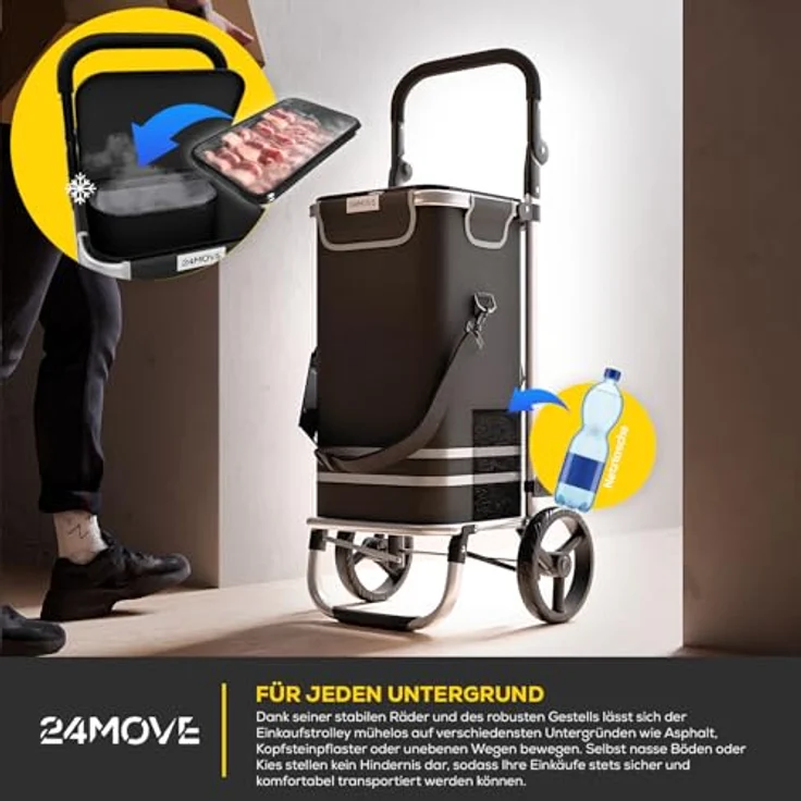 24MOVE® Einkaufstrolley Vehlo, klappbar mit 55L Kühlfach, faltbarer 3in1 Trolley - Sackkarre und Tasche, bis 30kg belastbar, schwarz – Bild 3