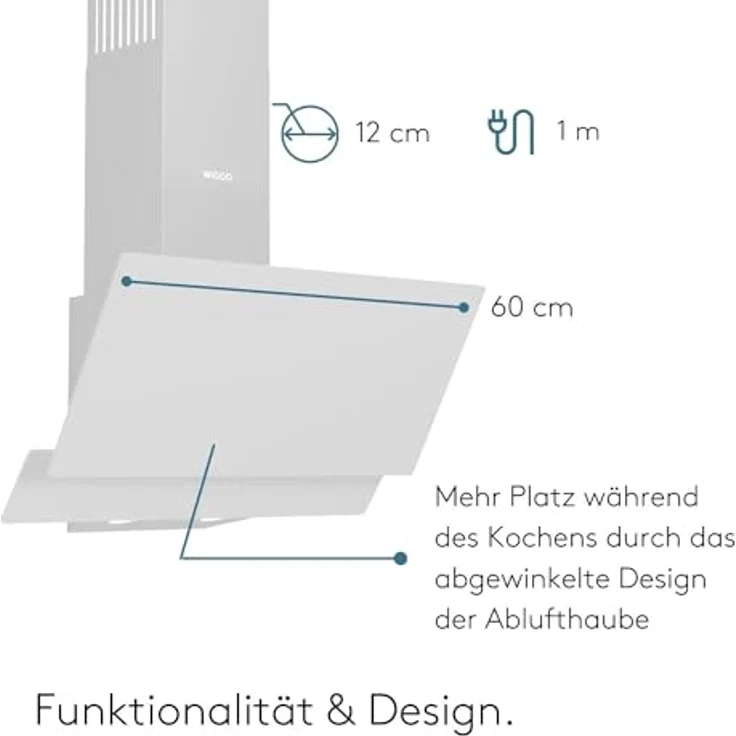Wiggo A642 Dunstabzugshaube 60cm kopffrei I Abluft Umluft Dunstabzug 626m³/h - Touch-Display 4 Stufen I Energieeffizienzklasse A Schräghaube inkl. 2x Kohlefilter I Abzugshaube Glasfront weiß – Bild 5