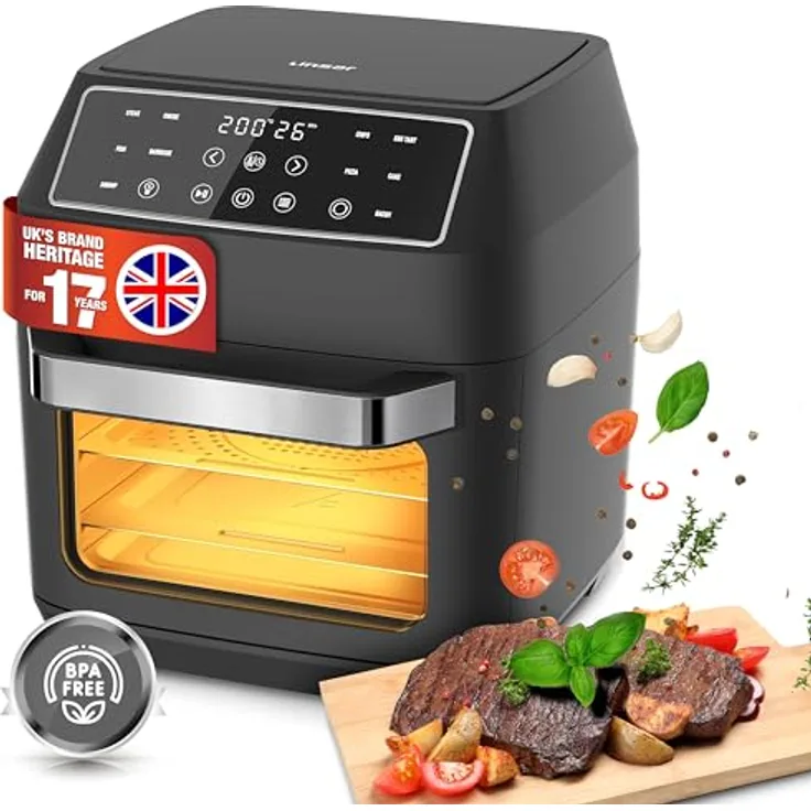 Linsar Heißluftfritteuse 12 Liter, Multifunktions Mini Backofen, 10 in 1 Heissluftfritteuse mit digitalem LED-Display, 6 Zubehör, 1700W, Schwarz